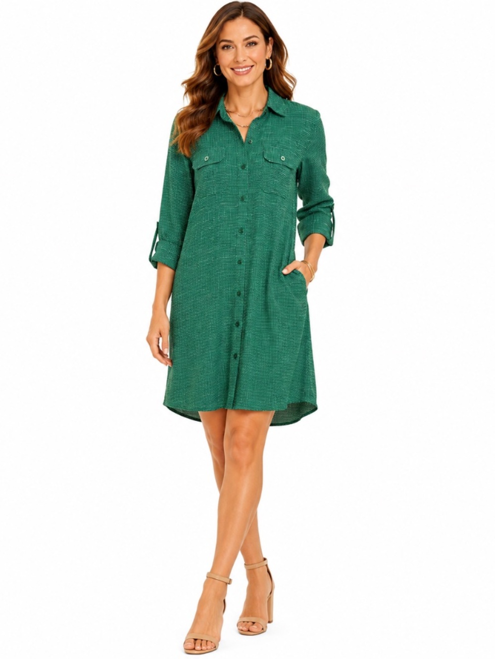 Cabi Green Shirt Dress Button Front Long Sleeve Pockets Size Medium